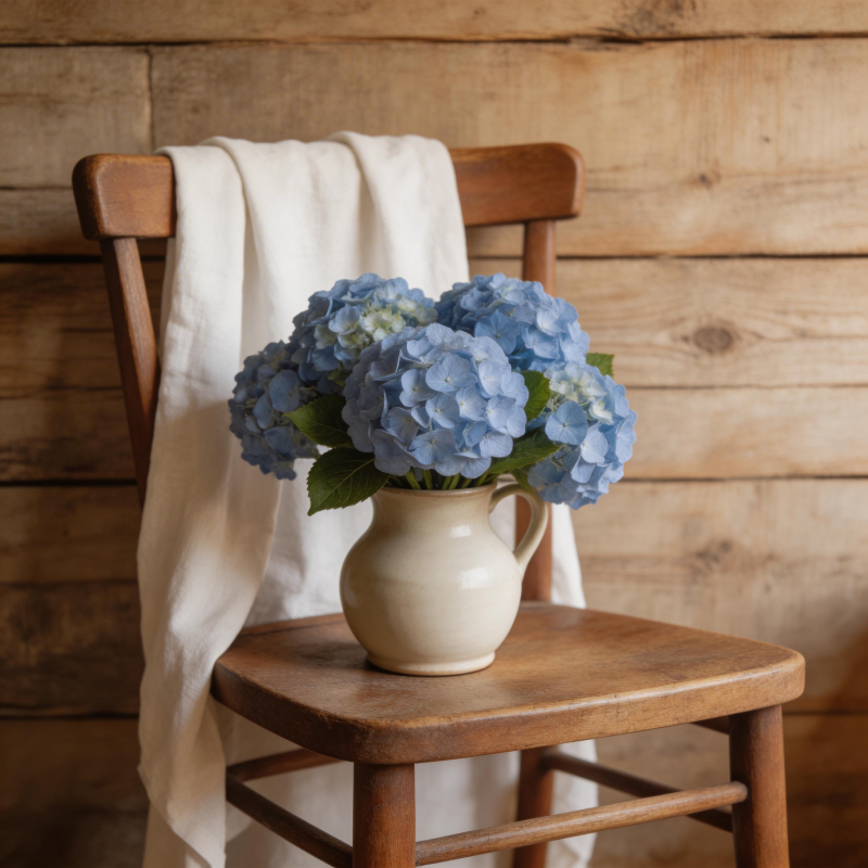 蓝绣球静置木椅图片