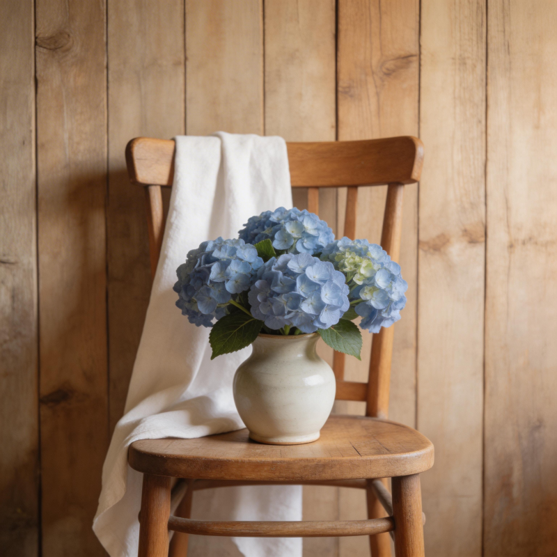 蓝绣球静置木椅图片