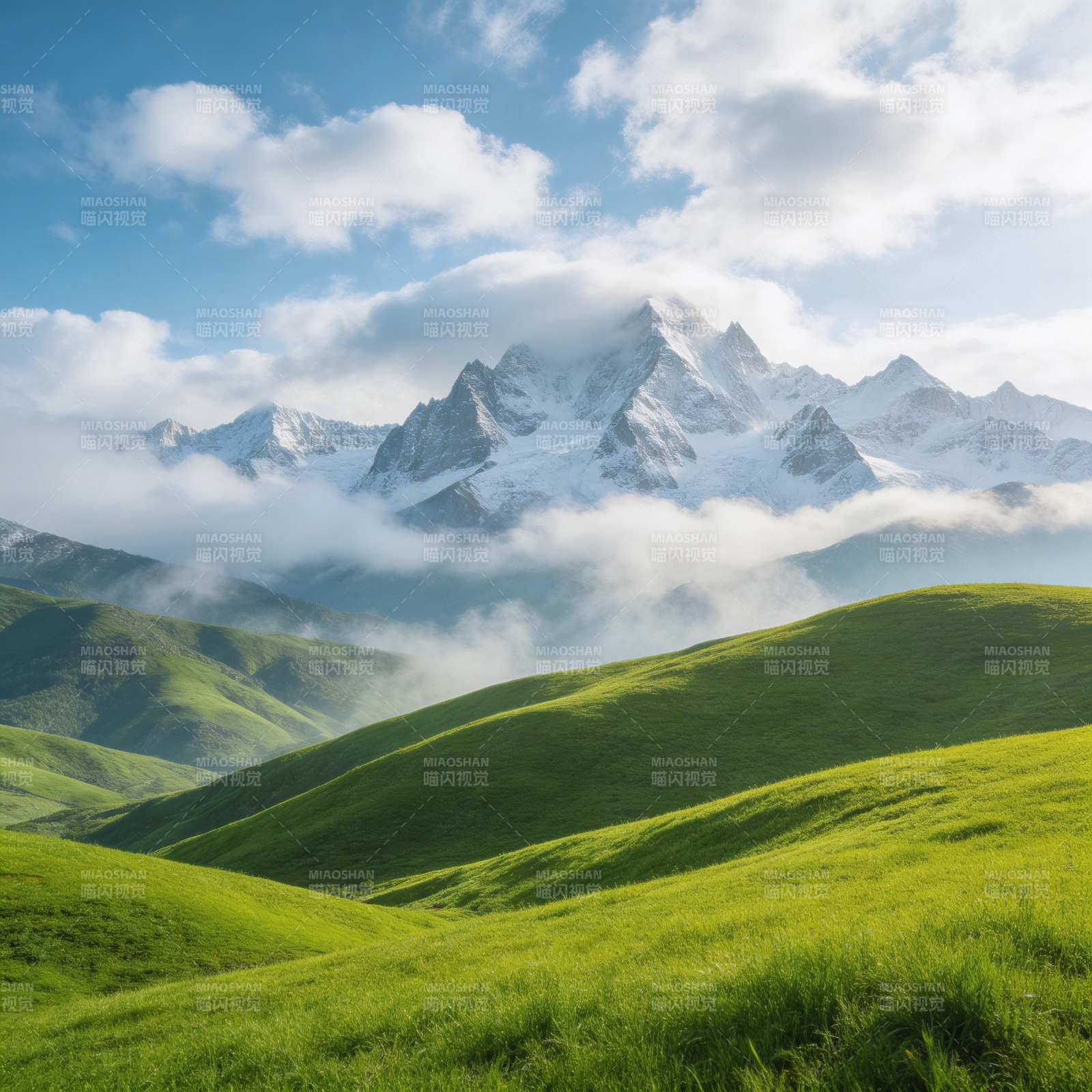 雪山绿野云海图片