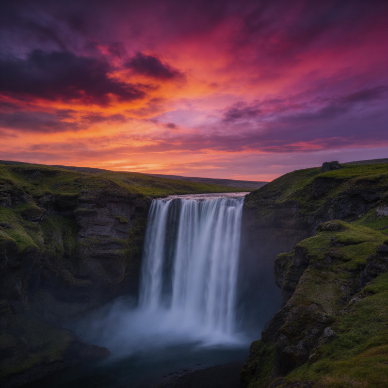 瀑布映霞光图片