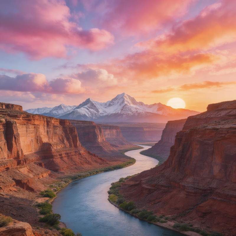峡谷日落 雪山映辉图片