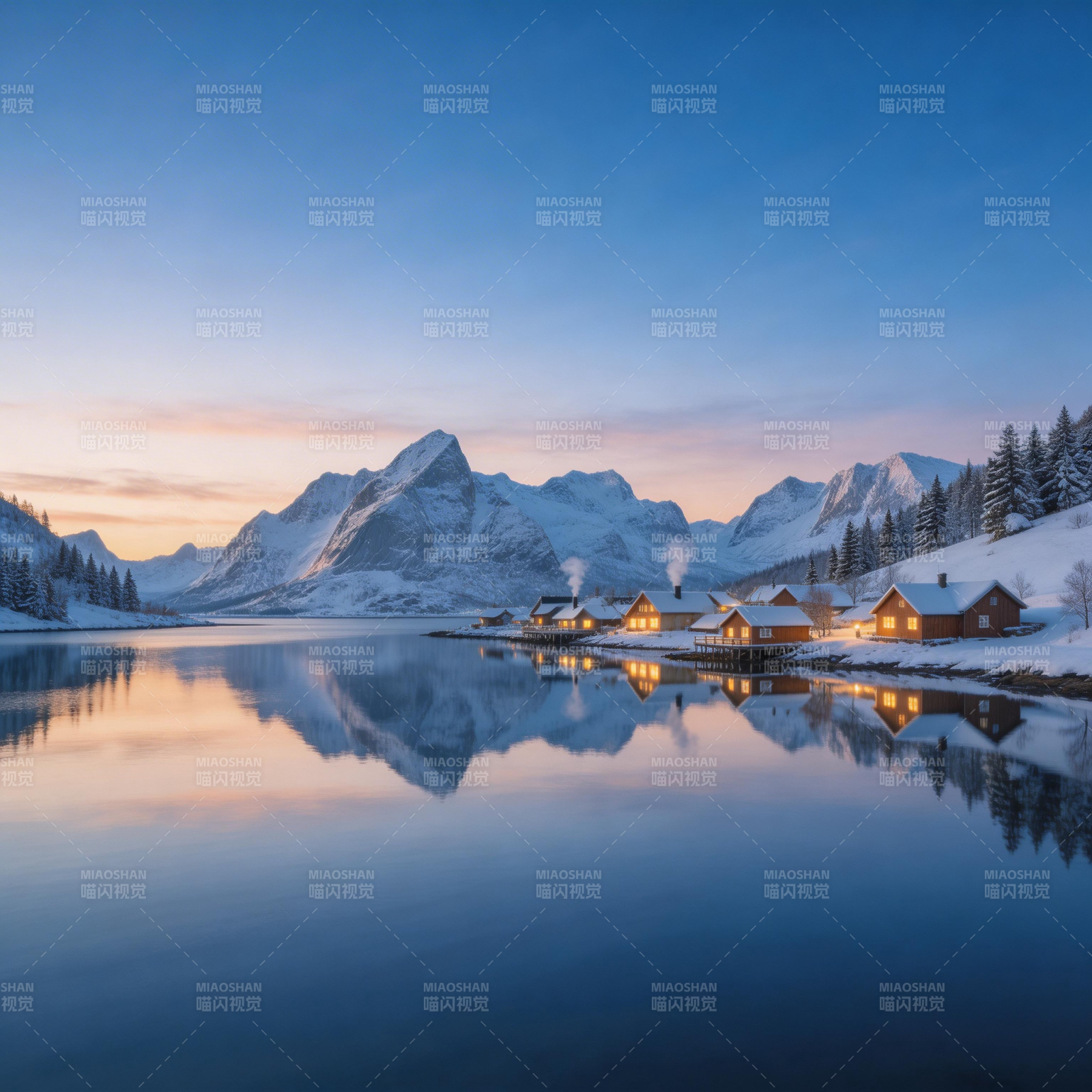 雪山湖畔小屋图片