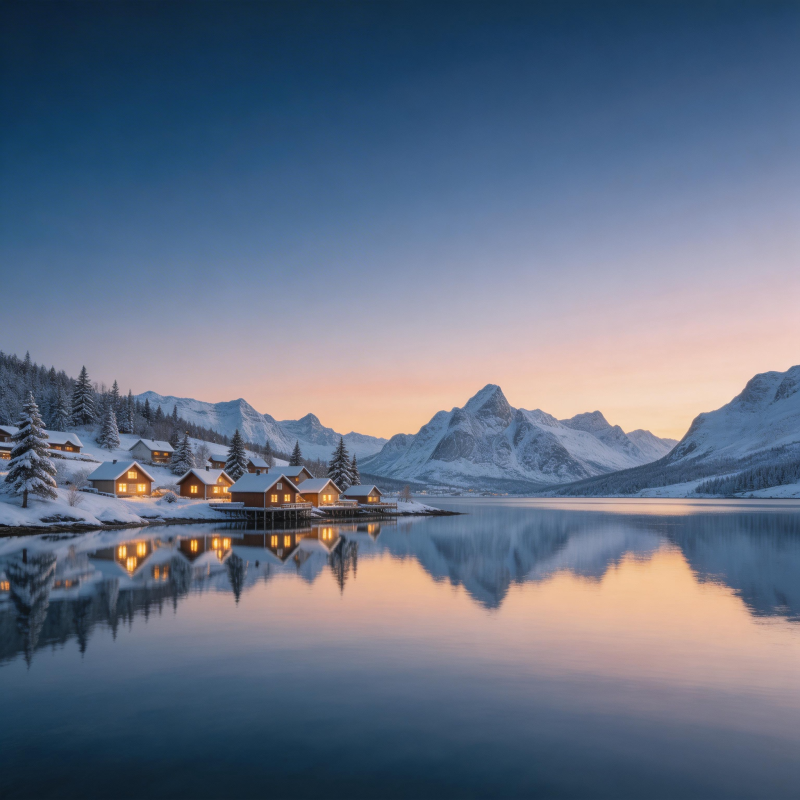 雪湖暮色静谧图片