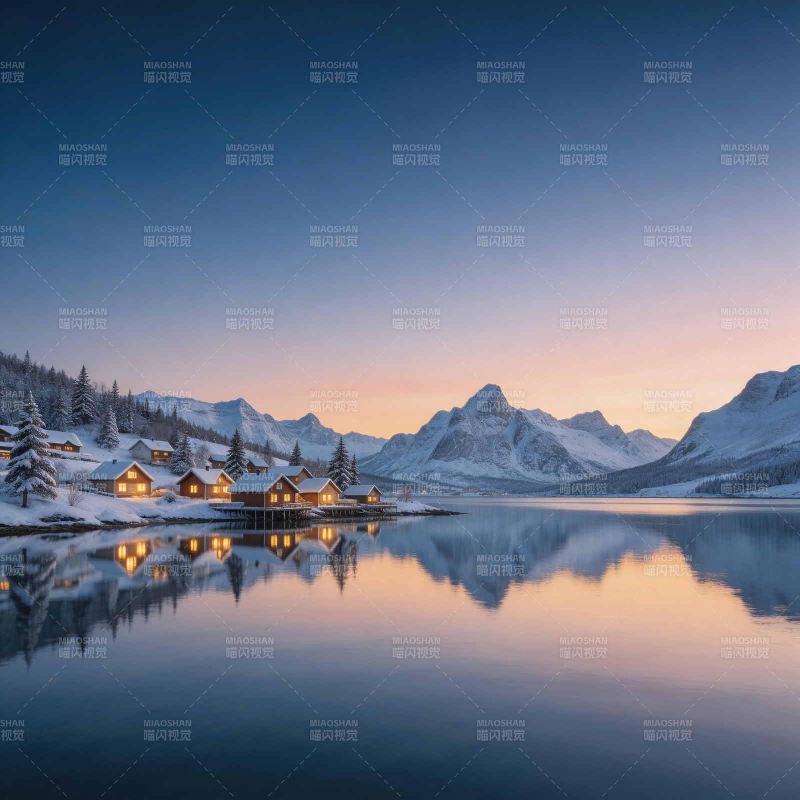 雪湖暮色静谧图片