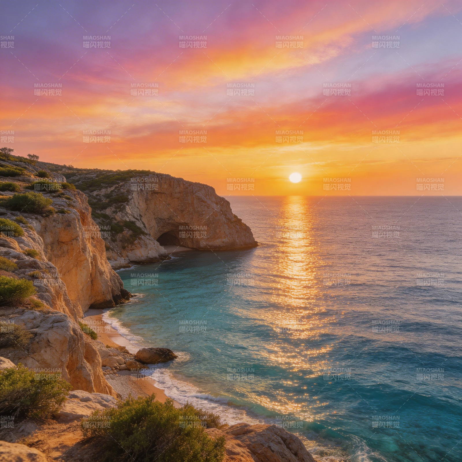 夕阳海崖美景图片