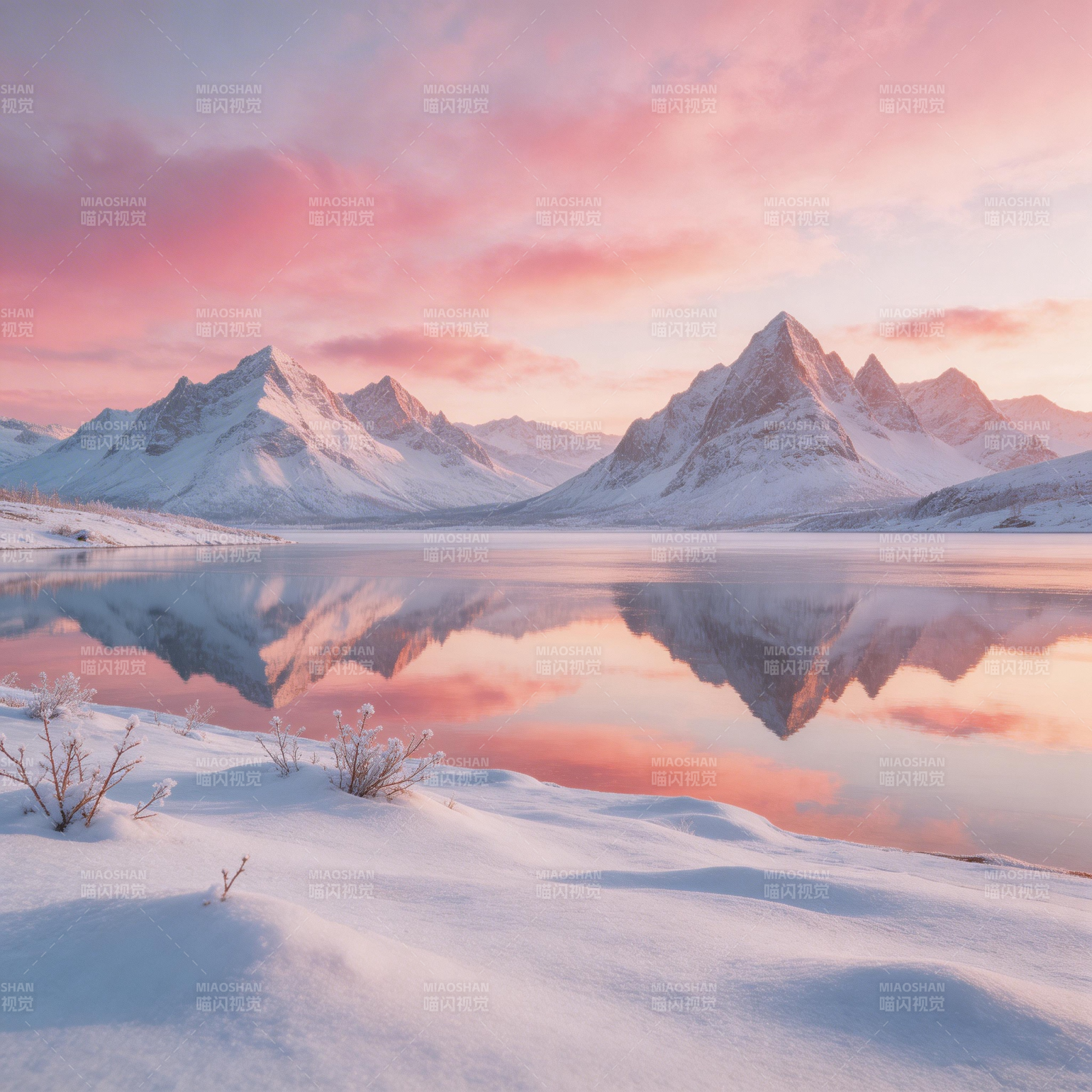 雪峰映湖 霞光满天图片