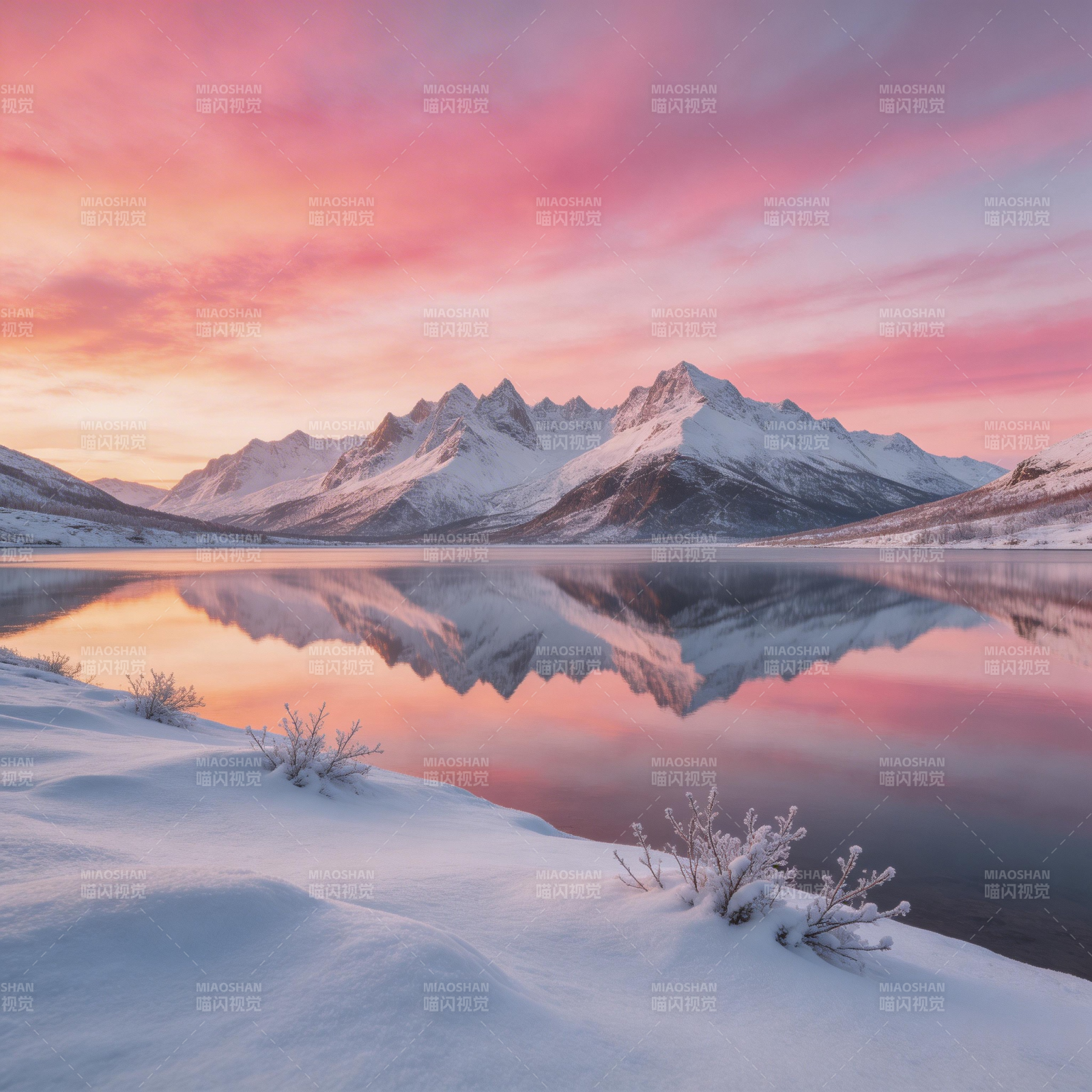 雪湖映山红霞图片