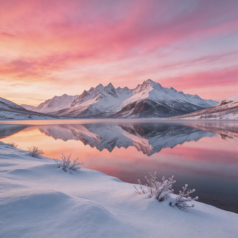 雪湖映山红霞图片