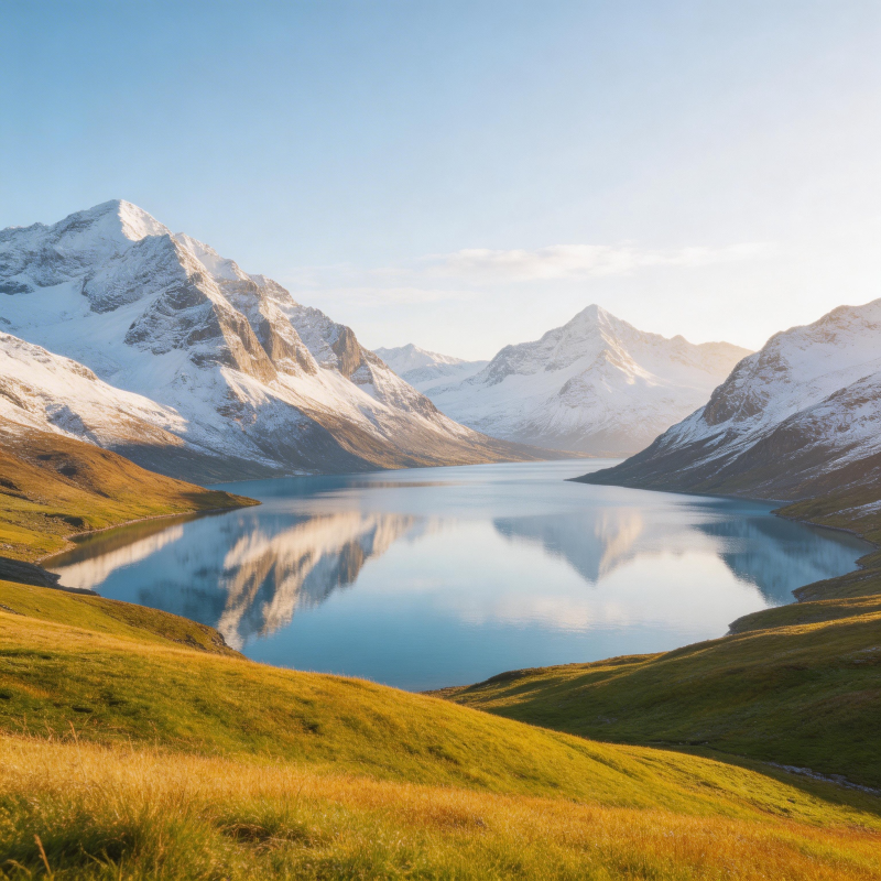 雪山湖镜映晨光图片