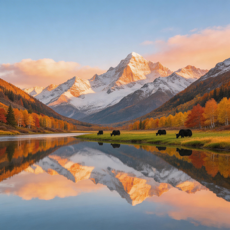 雪山秋影 牛群静谧图片