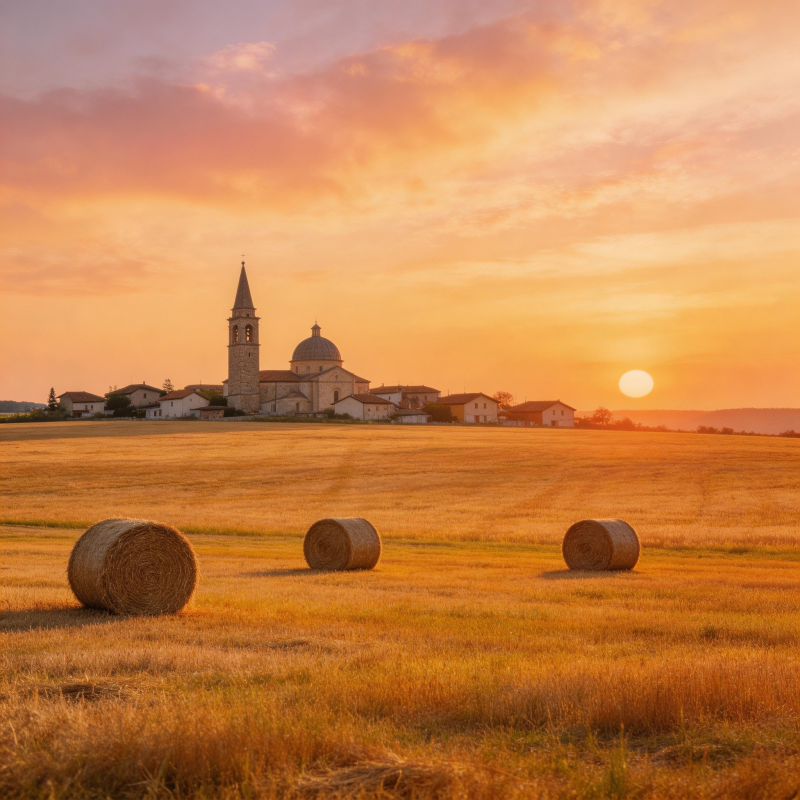 夕阳下的教堂与麦田图片