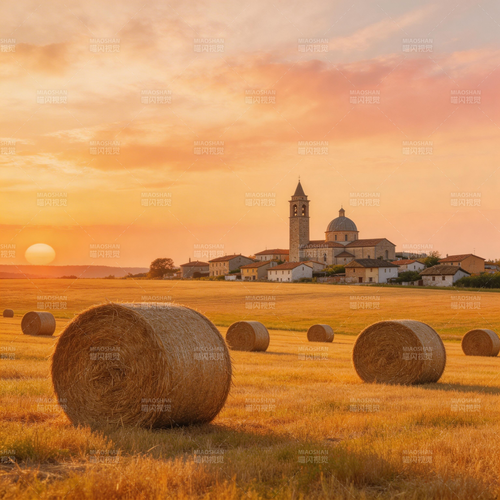 夕阳下的乡村教堂图片