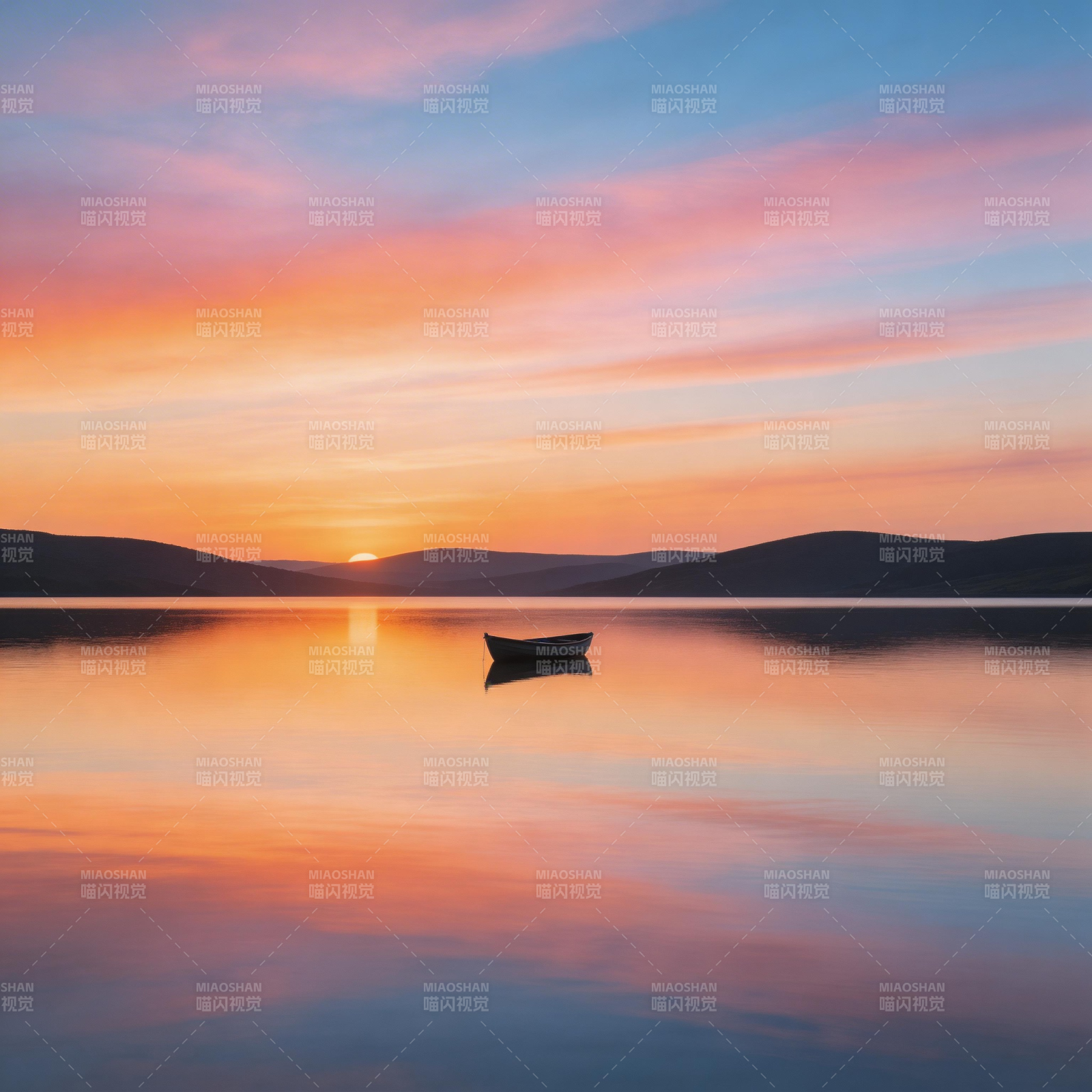 湖上孤舟夕阳红图片