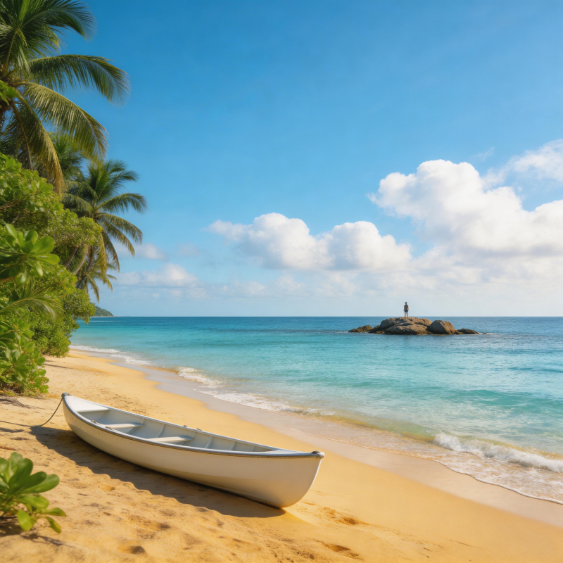 热带海滩小舟静泊图片