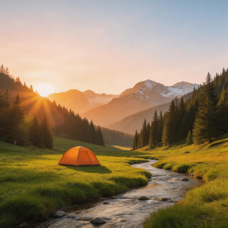 山间晨曦露营图图片