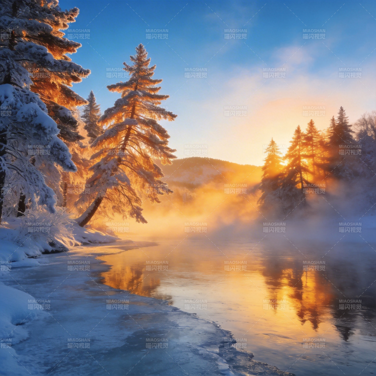 冬晨湖畔雪景图片