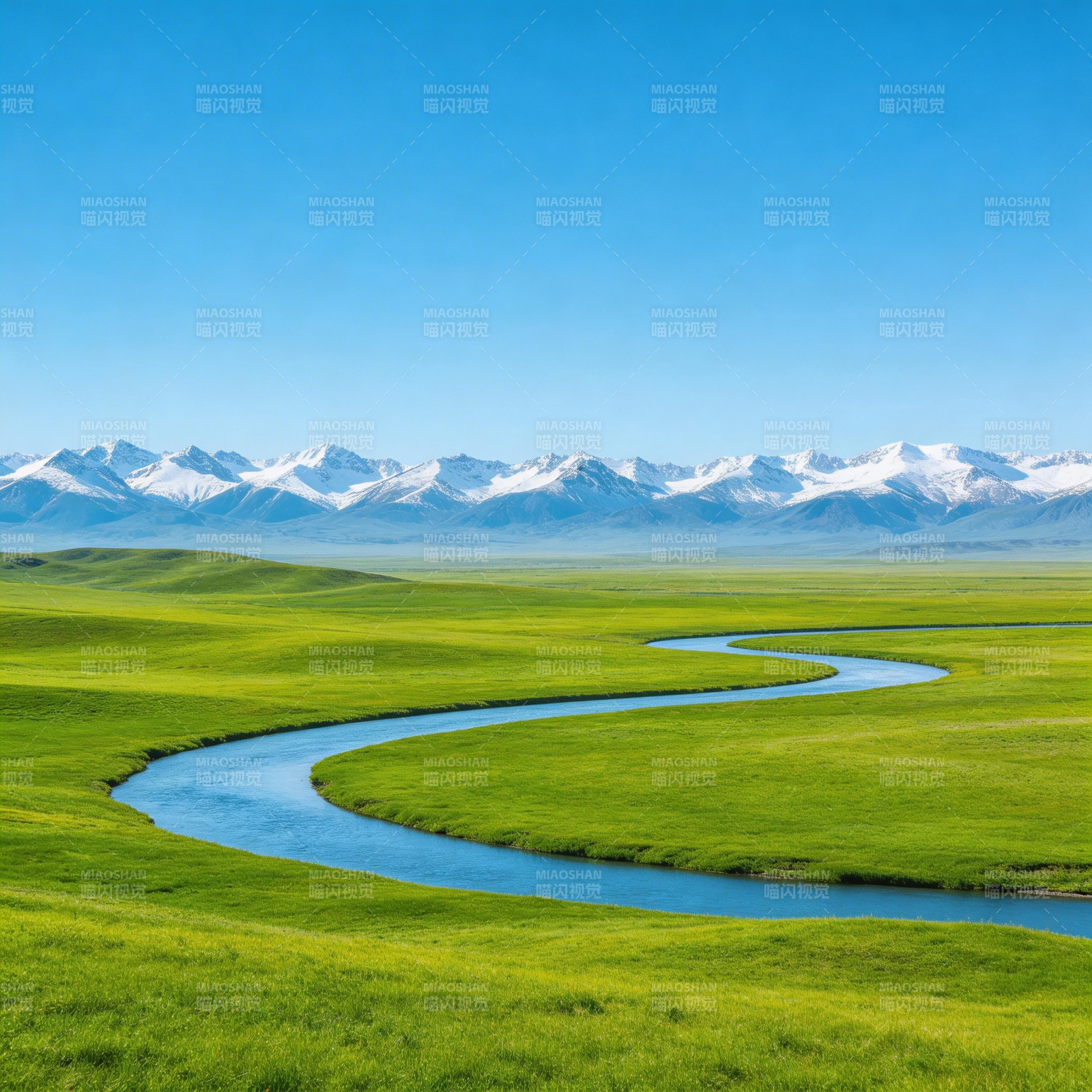 绿野雪山映碧河图片