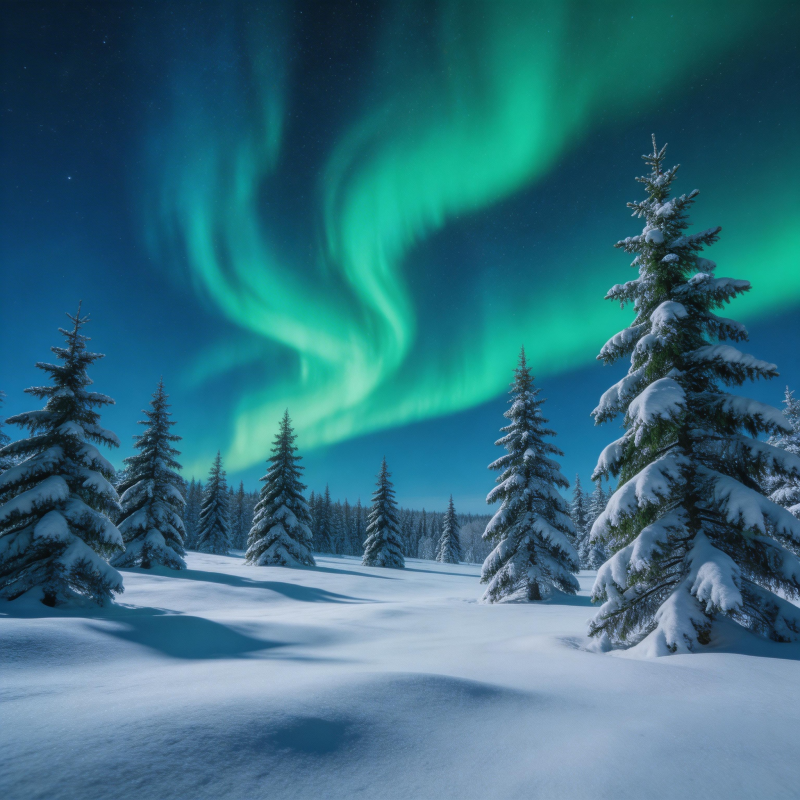 极光雪林夜景图片