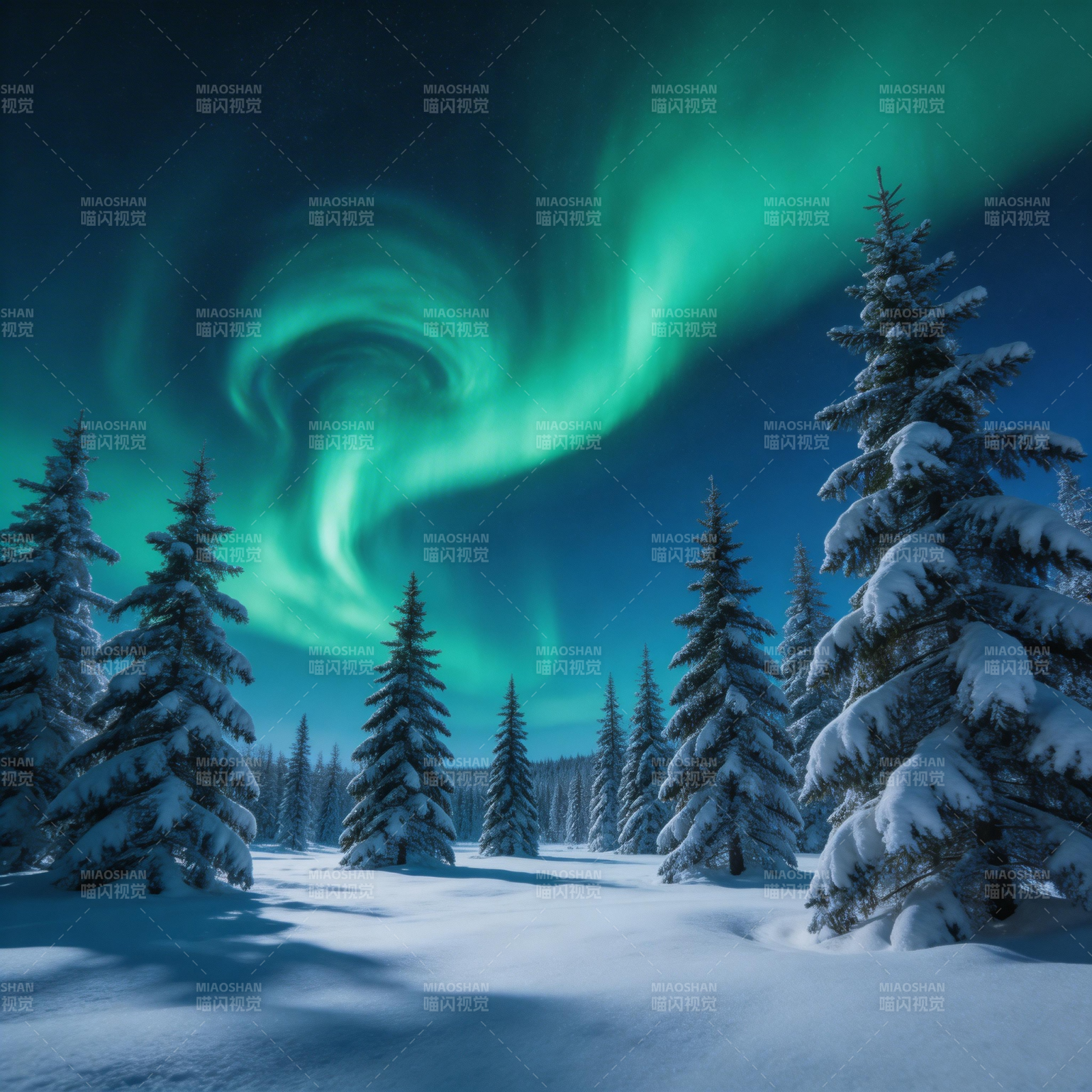 极光雪松夜景图片