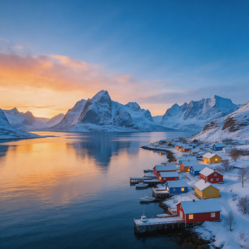 雪域渔村晨曦图片