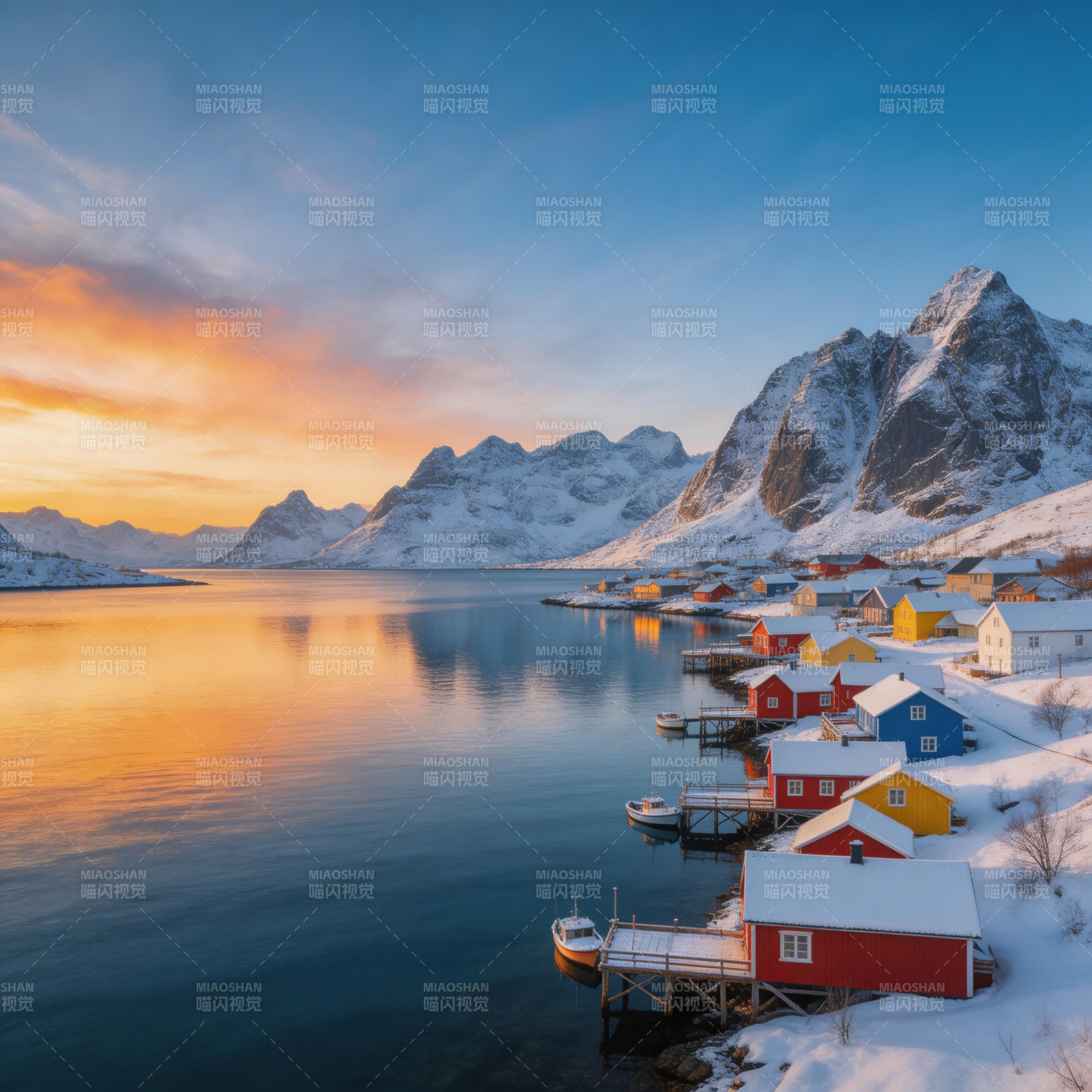 雪岭渔村晨曦图片