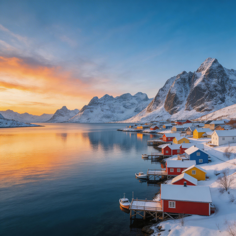 雪岭渔村晨曦图片