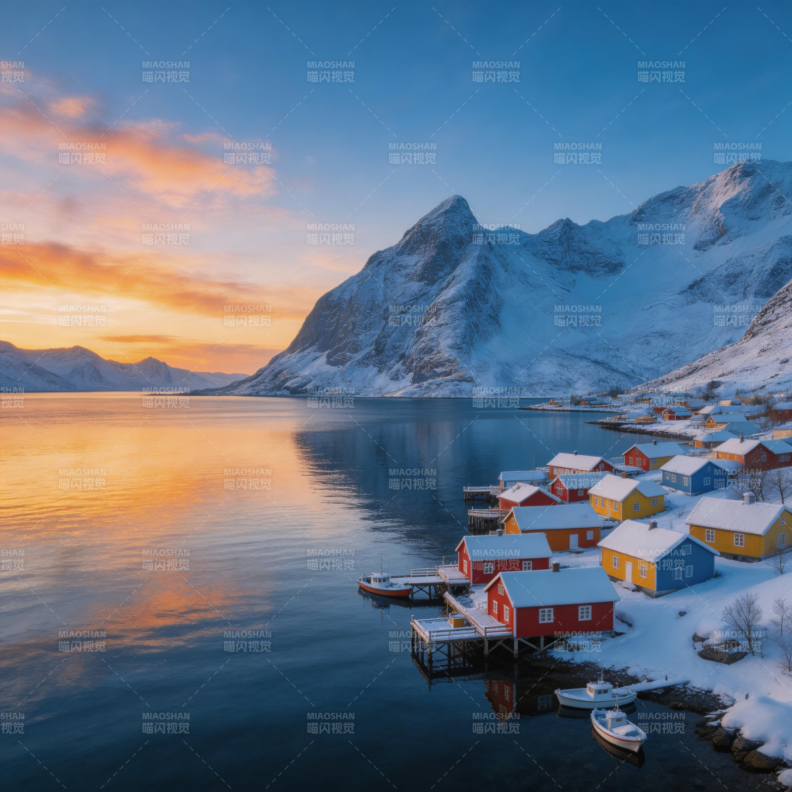 雪域渔村晨曦图片