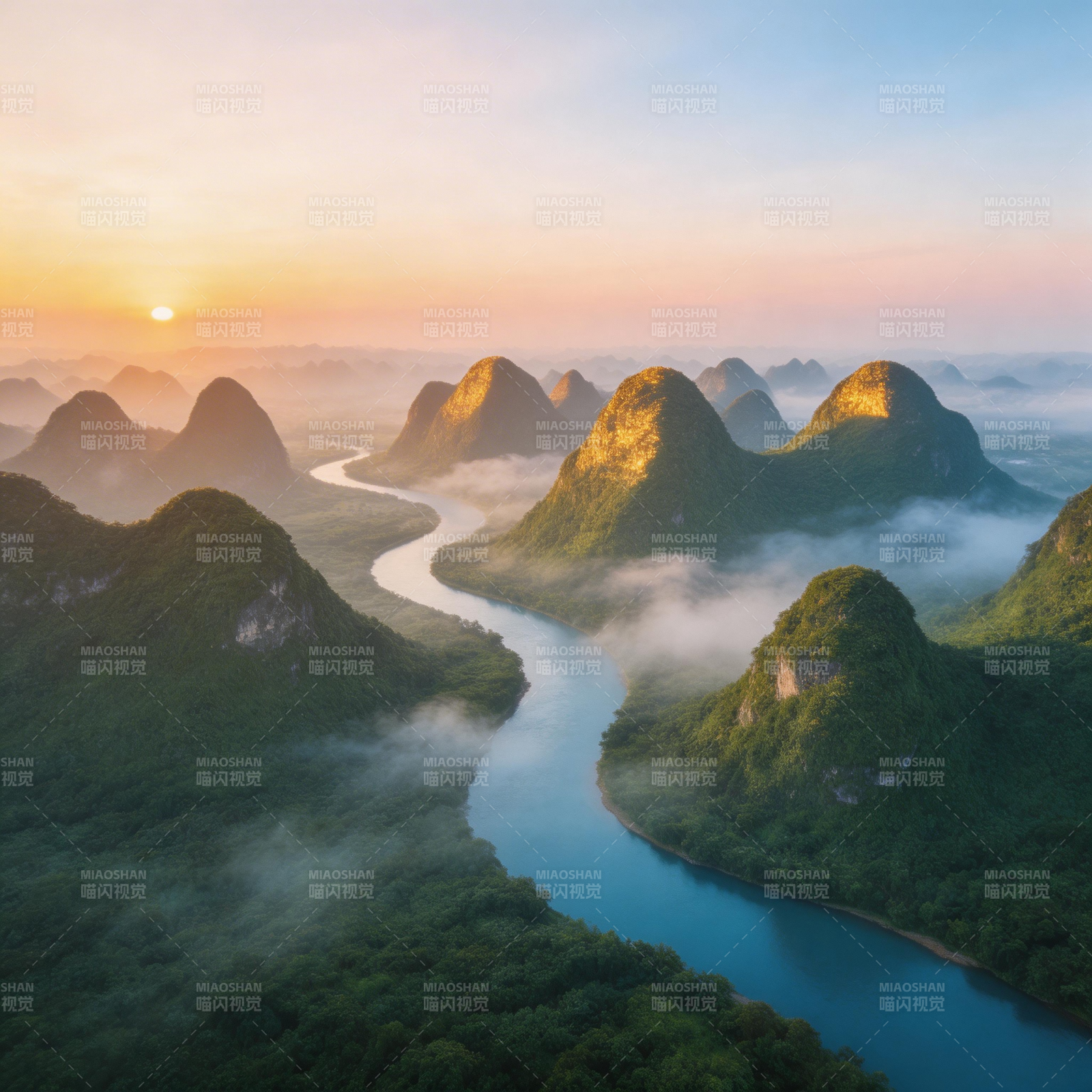 晨曦山水画卷图片