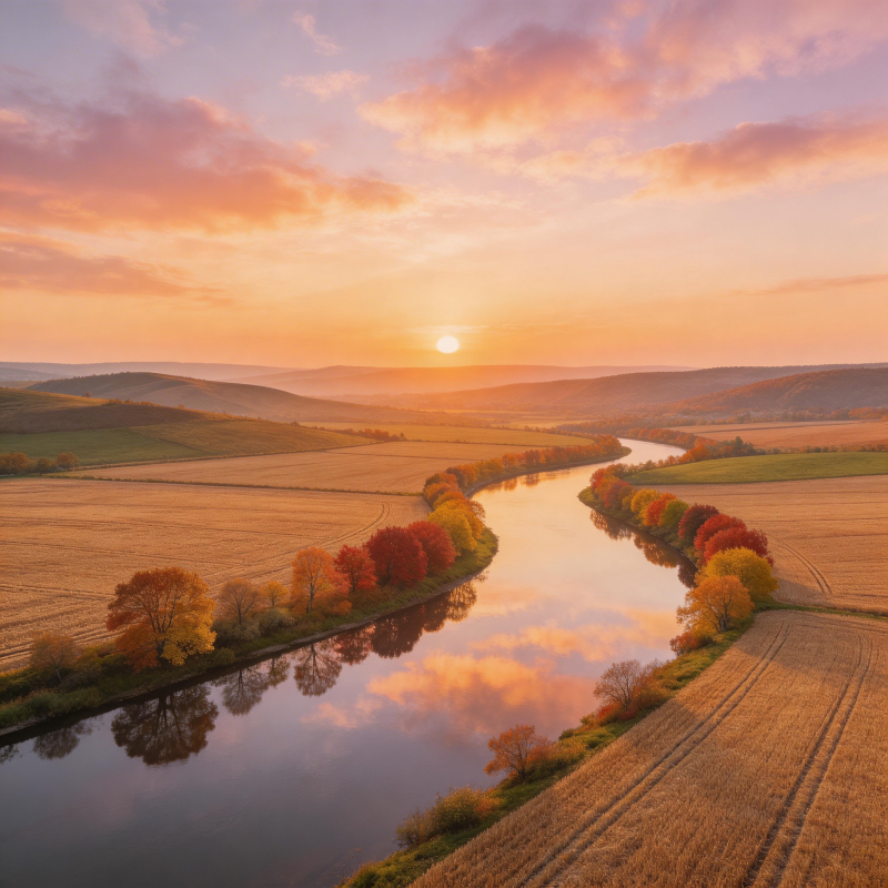 秋日河畔夕照图片