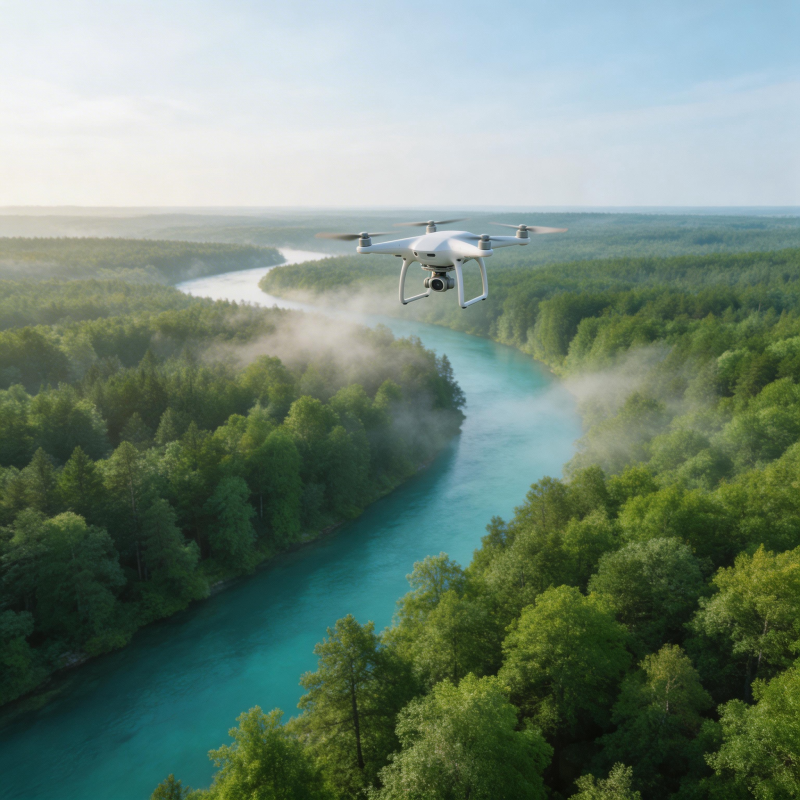 无人机俯瞰碧水森林图片