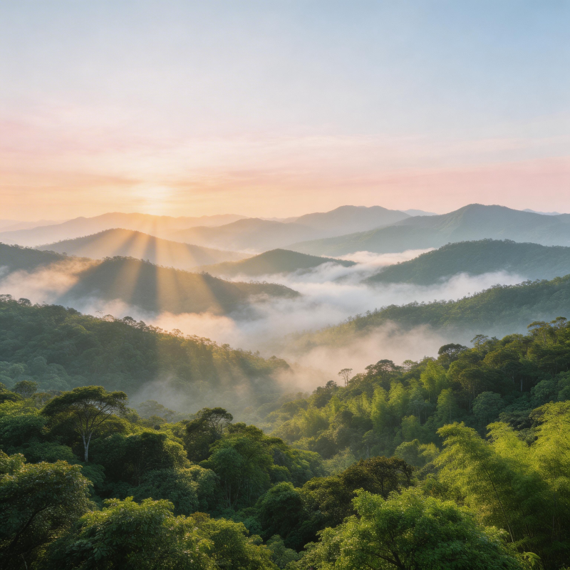 晨曦山雾林海图片