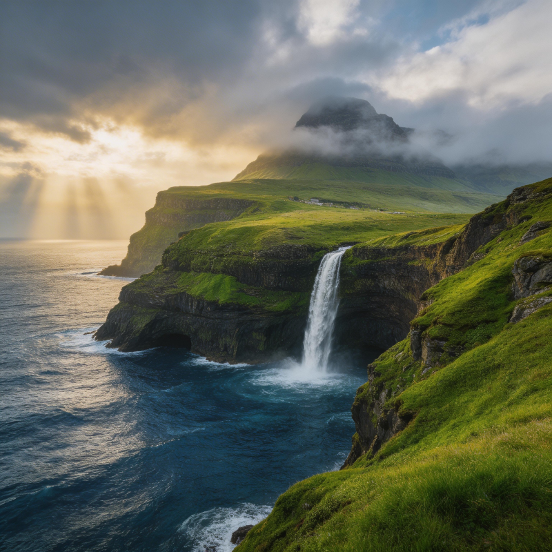 悬崖瀑布云海日出图片
