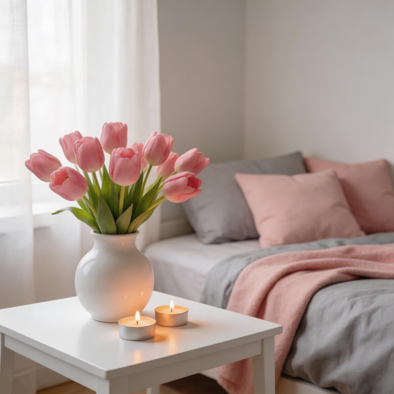 温馨卧室花香烛影图片