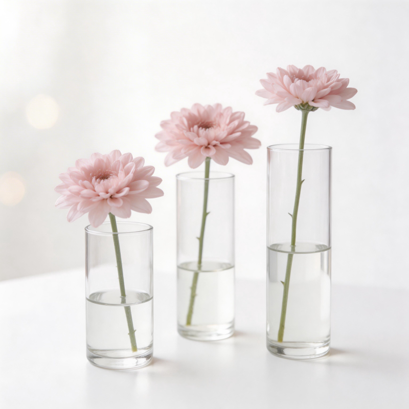 三朵粉菊静置瓶中图片