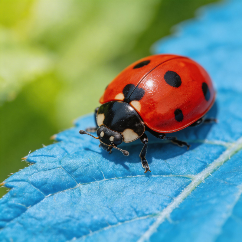 瓢虫栖息蓝叶上图片