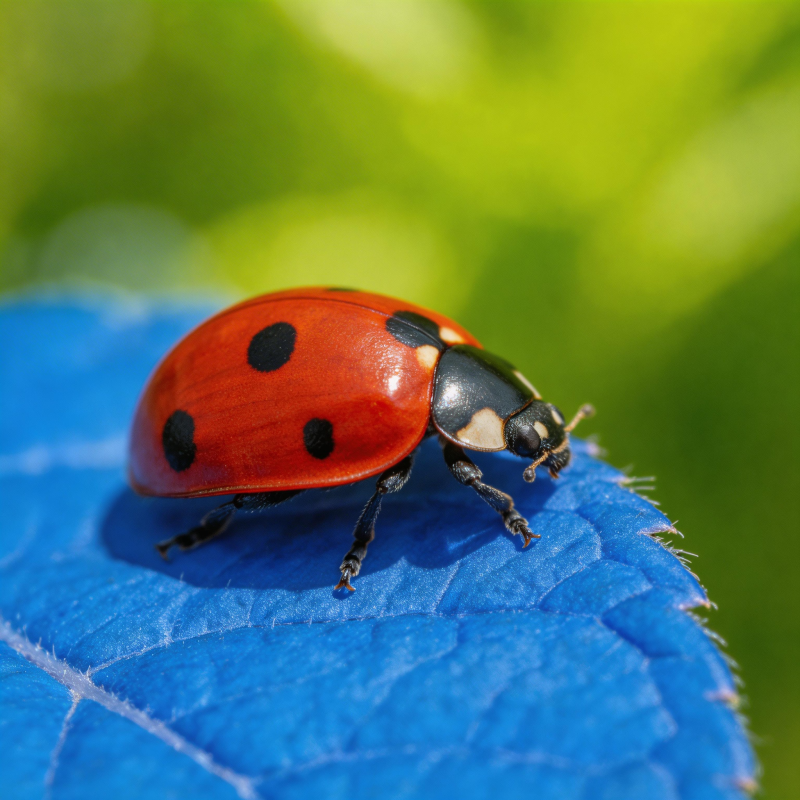 瓢虫栖息蓝叶上图片