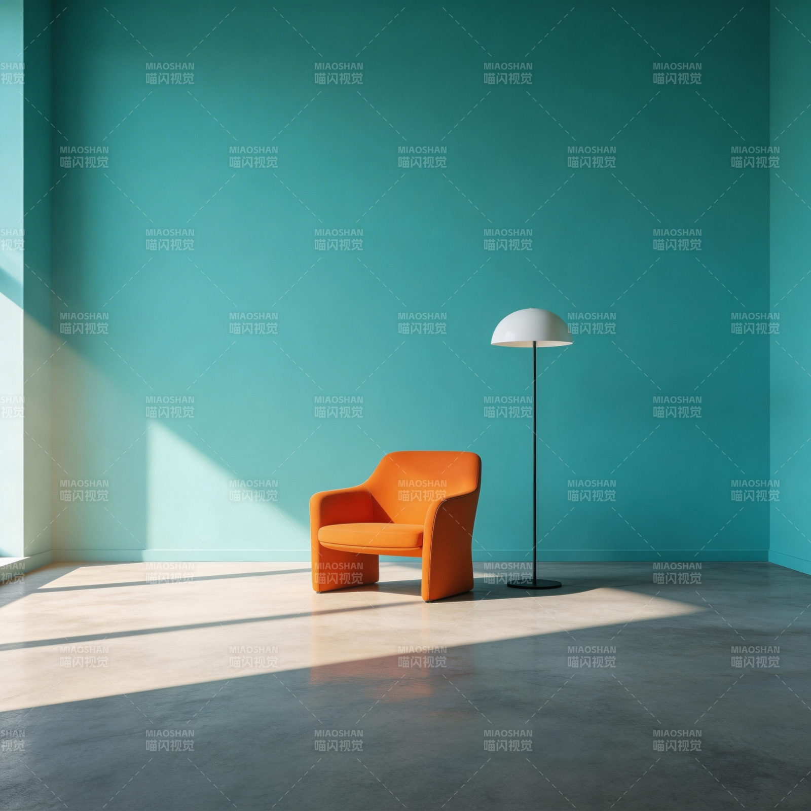 橙椅绿墙光影静谧图片