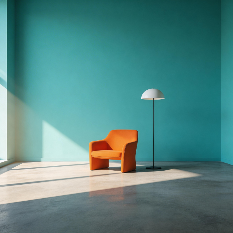 橙椅绿墙光影静谧图片