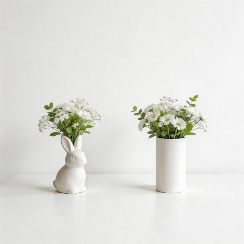 兔形花瓶与白花图片