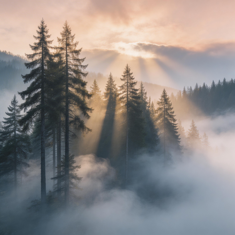 晨雾松林光影图片