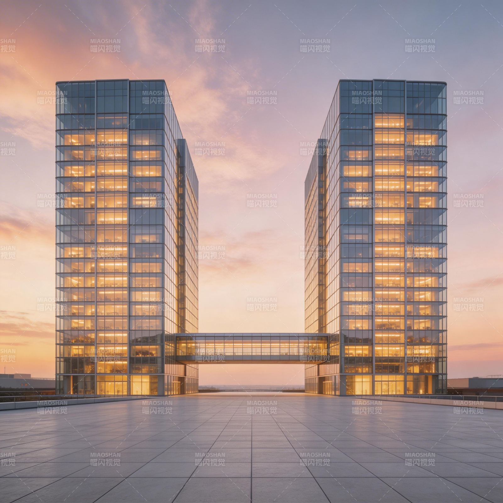 双塔映霞光图片