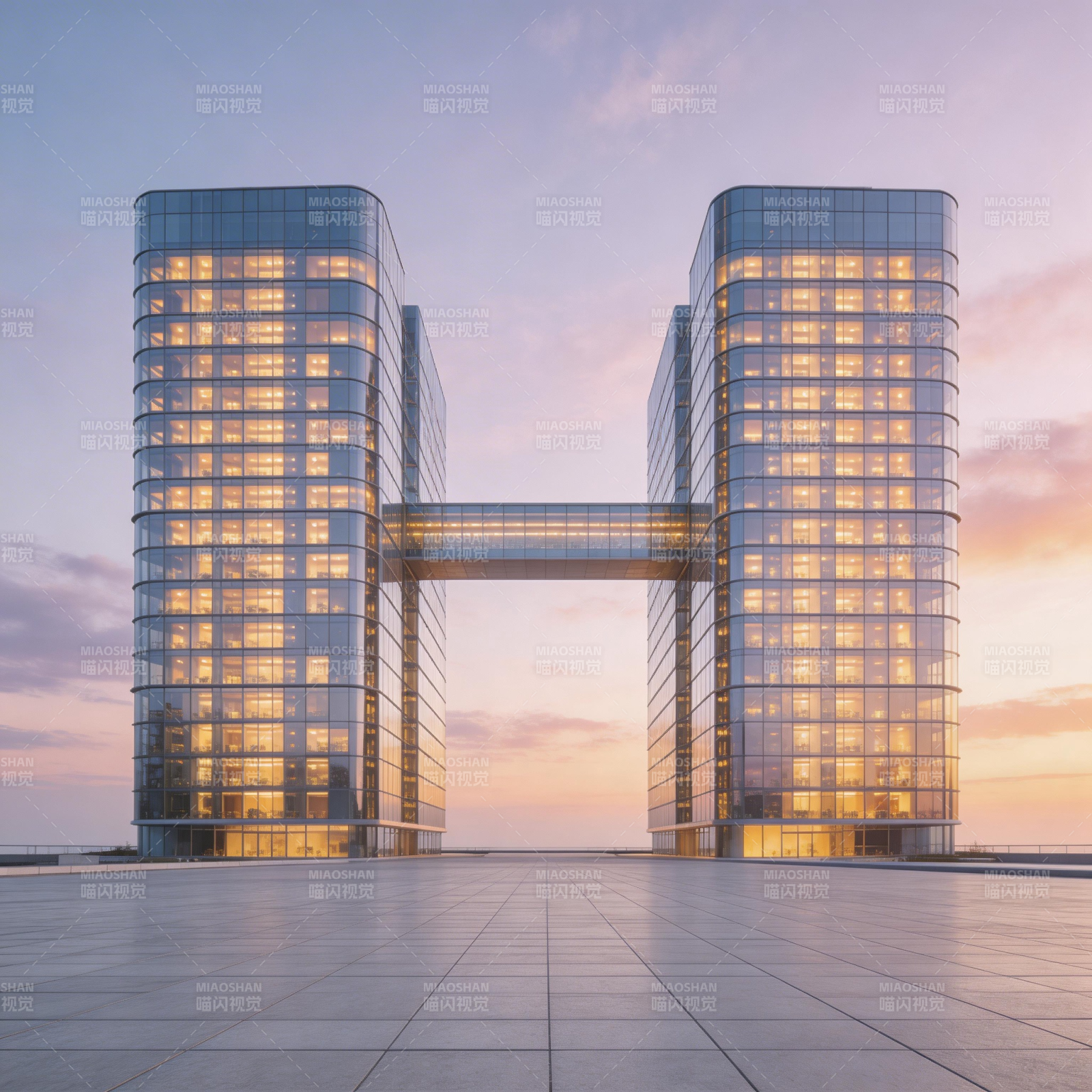 双塔连廊建筑夜景图片