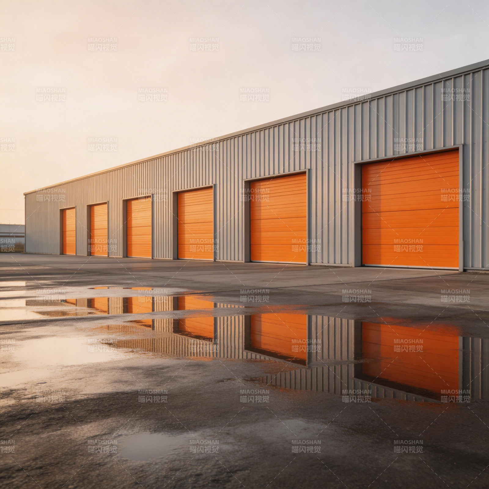 橙色车库倒影图片