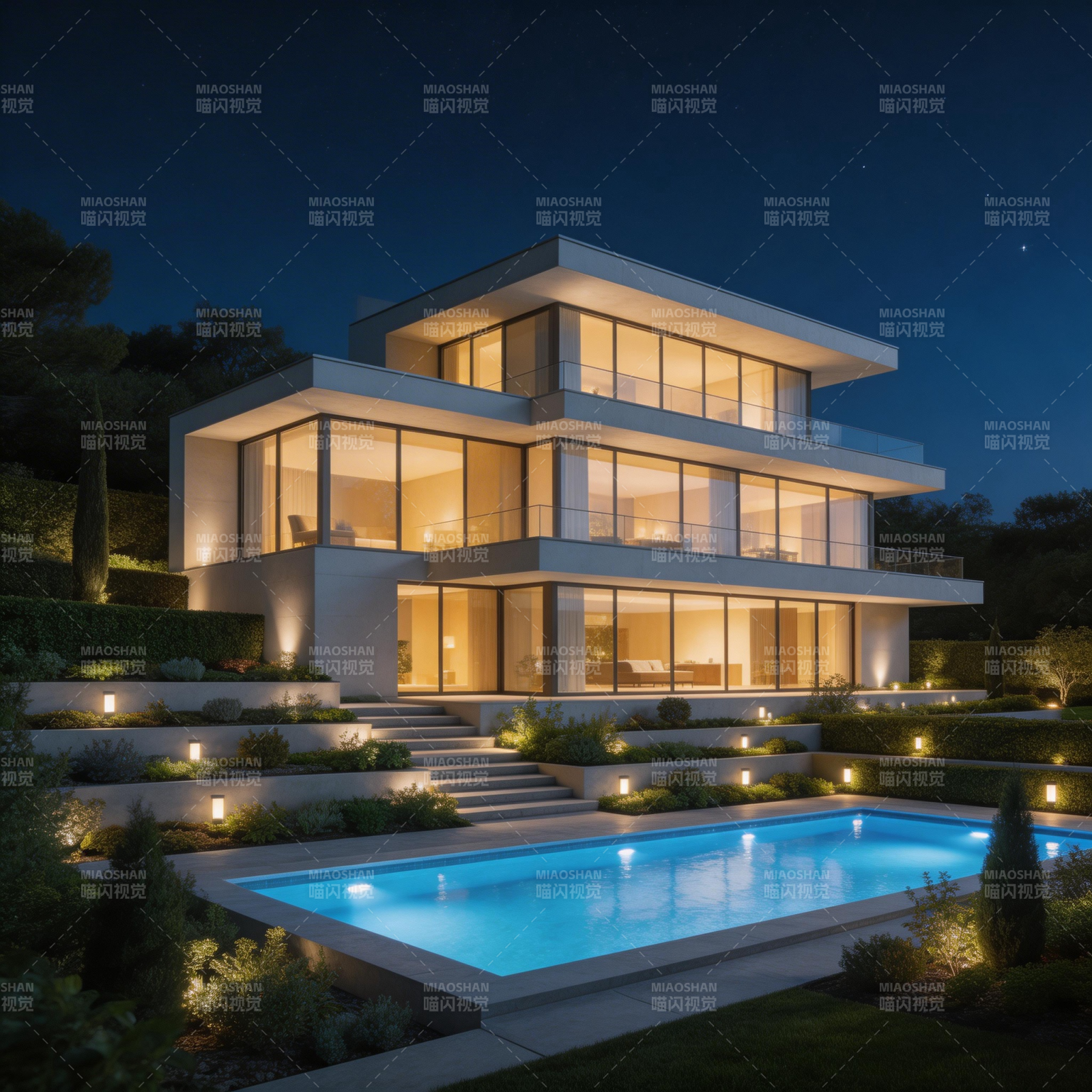 现代豪宅夜景图片