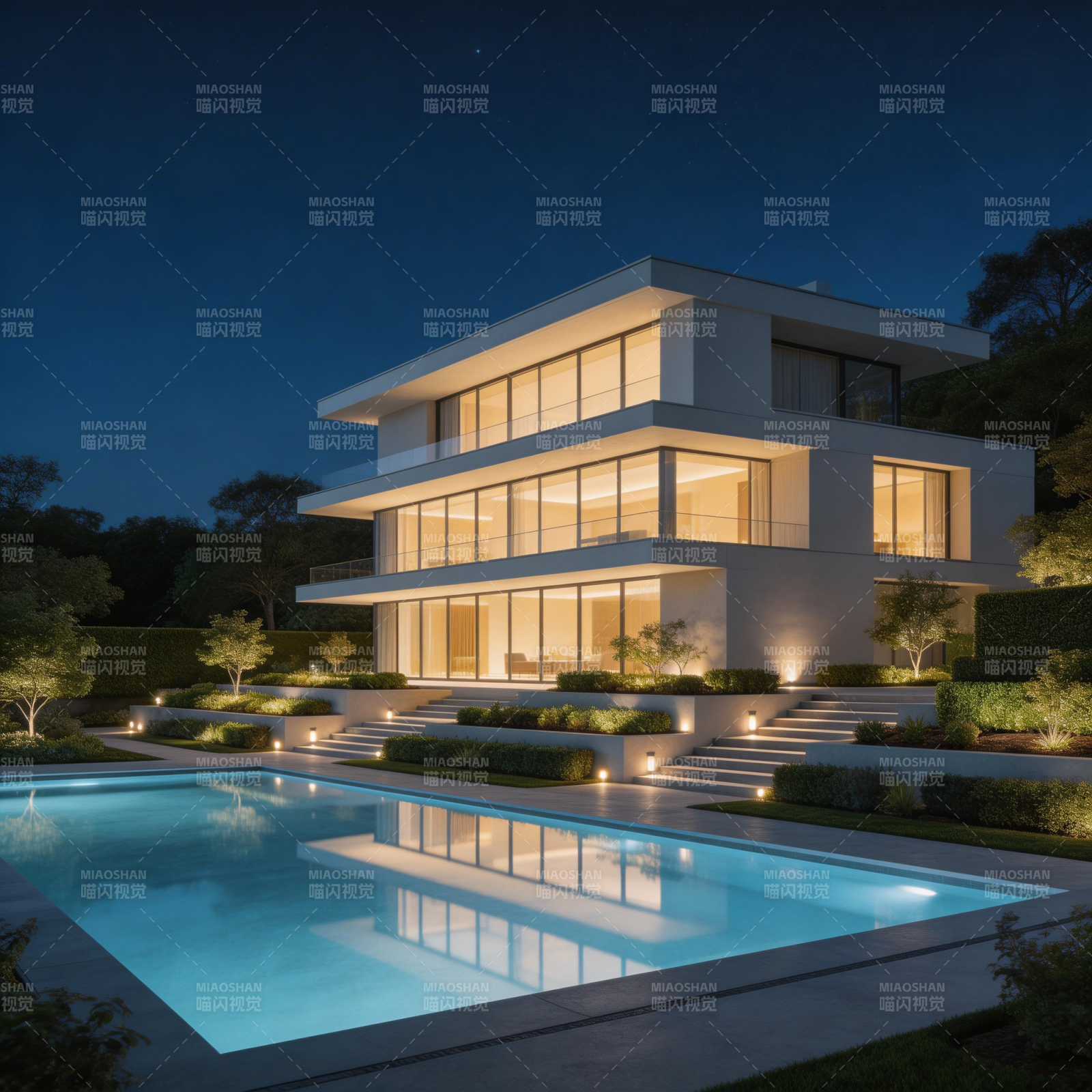夜幕下的现代豪宅图片