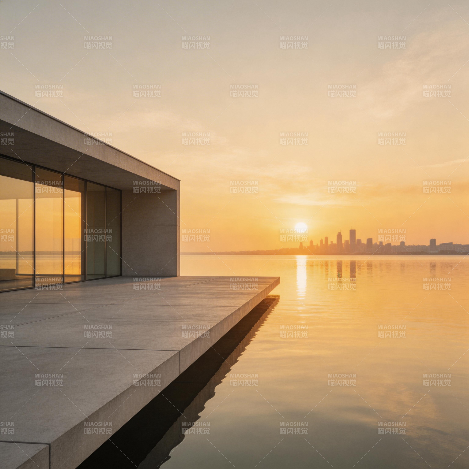 湖畔日落建筑图片