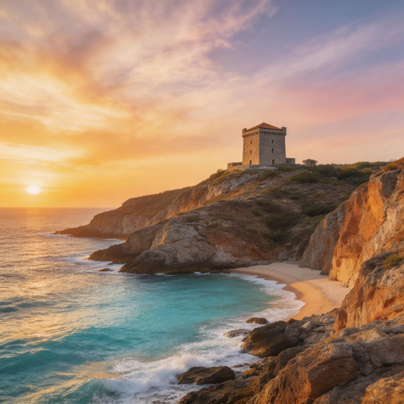 悬崖日落塔影图片