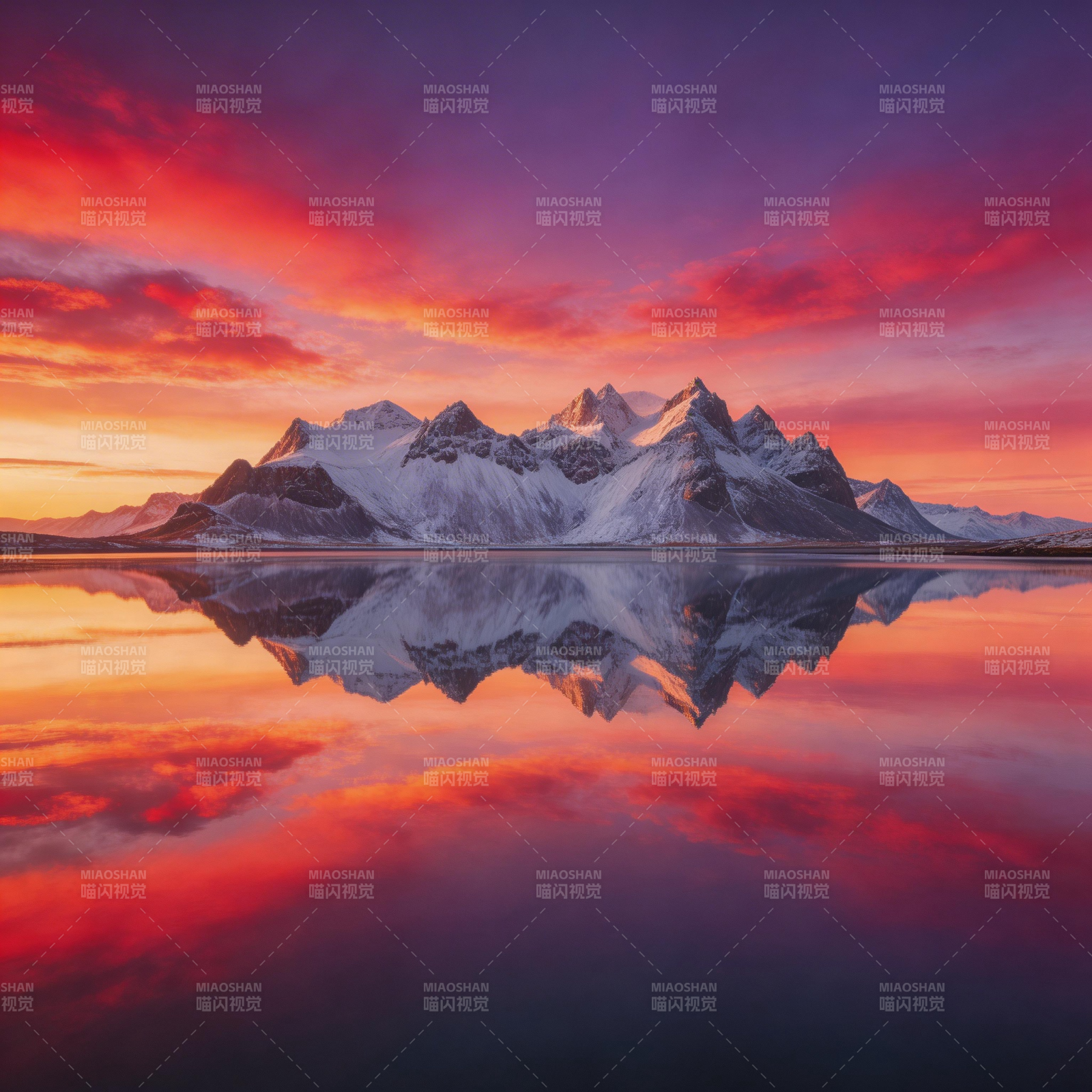 雪山倒影映晚霞图片