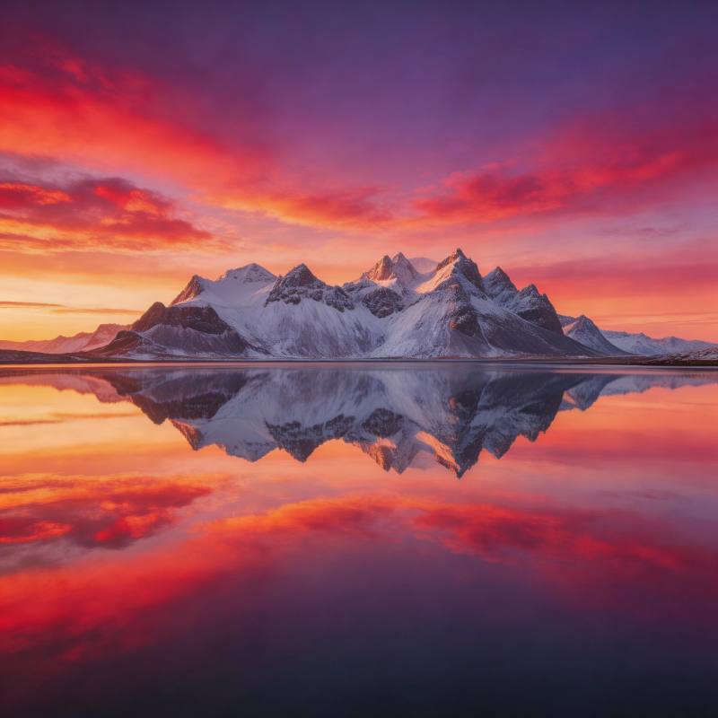 雪山倒影映晚霞图片