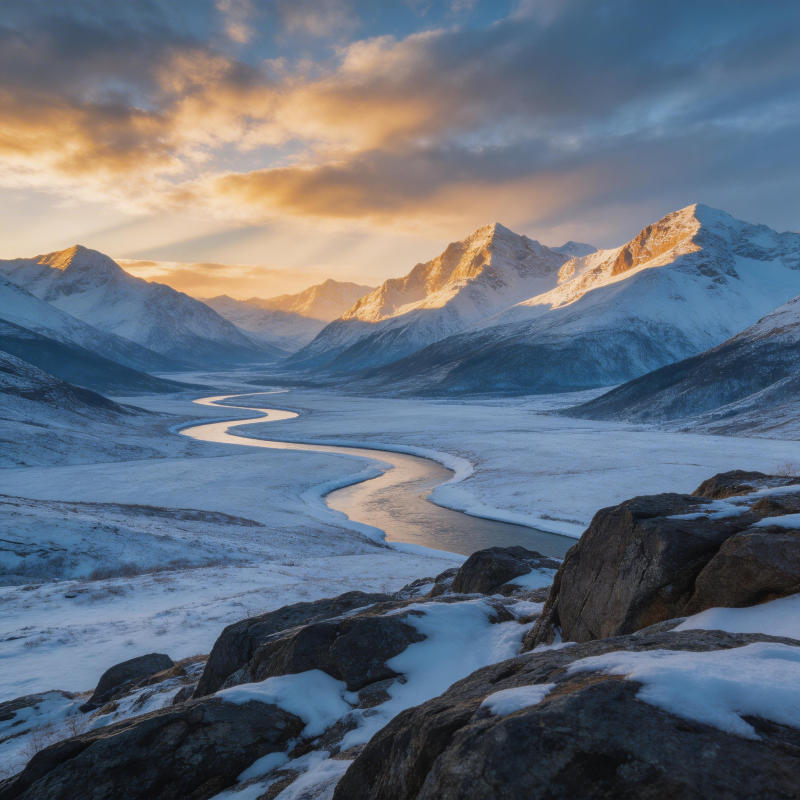 雪山晨曦 河谷静谧图片